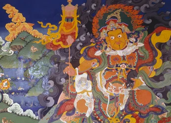 Színes istenségeket ábrázoló freskó, Lamayuru buddhista kolostor (Lamayuru Gompa), Himalája, Ladakh kerület, Dzsammu és Kasmír állam, India