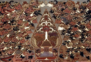 Wayang Beber stílusú festmény, amelyet a Wayang Kulit árnyjátékszínház ihletett, Mangkunegaran-palota, Surakarta, Jáva, Indonézia