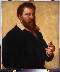 Önarckép (Önarckép). A szemüvegét a kezében tartó művész portréja. Lambert Lombard festménye (1505-1566)