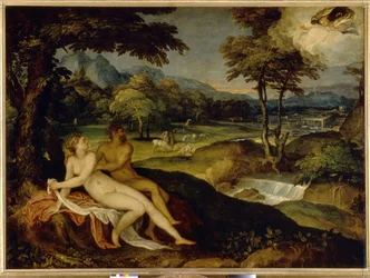 Jupiter és Io. Lambert Sustris festménye (1515 vagy 1520 - 1591 után), olaj, vászon, 1558 és 1563 között. Olasz művészet (Velence)