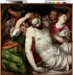 Pieta et anges (Pieta angyalokkal) Lambert Sustris (1515-1584) festménye 16. század V 83x84 cm Musei di Strada Nuova Genes