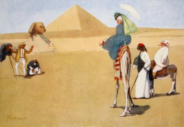 Pózolás a piramisoknál, Egyiptom derűs oldala című műből, 1908
