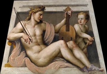 Apollón Cupido par Gambarával, Lactantiusszal (1530-1574 körül). Freskó, méret: 155,5x109,, Tosio Martinengo Művészeti Galéria, Brescia