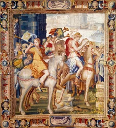 Herauták lovaglás. Függöny Artemise történetéből. Laurent Guyot (1756-1806) és Henri Lerambert (kb. 1540/1550-1608) gyapjú- és selyem kárpit a faubourg Saint Marcel (1601-vers1670) műhelyében. 17. századi Párizs, nemzeti bútorok