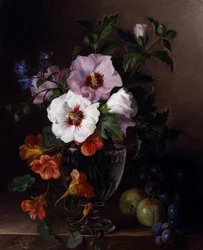 Csendélet hibiszkuszból és naspolyából üvegvázában. Julie Guyot festménye (1810 körül)