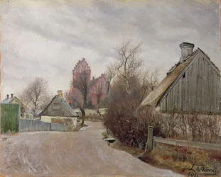 Gade i Hoje Taastrup (vidéki út kunyhókkal és egy magas templommal) 1911