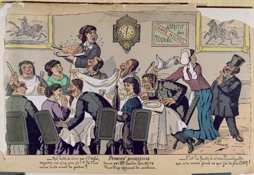 Középosztályú panzió, karikatúra, 1881 (színes metszet)