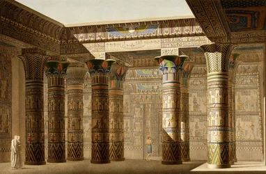A núbiai Philae nagytemplomának portikusa, 1809-1812 körül (színes metszet)