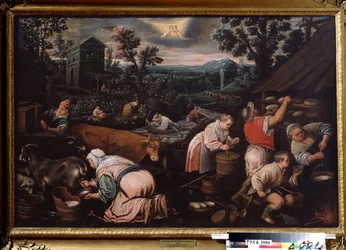 ""Május hónapja"" (május) Kecskefejés, sajtkészítés. Ikrek jel szimbólum az égen. Leandro Bassano da Ponte (1557-1622) festménye 1595-1600 Tulai Állami Művészeti Múzeum Oroszország