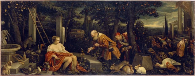 Zsuzsanna és a vének. Leandro Bassano (1557-1622) festménye, olaj, vászon, kb. 1580. Olasz művészet (Velence)