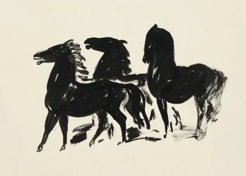 Három álló, balra néző fekete ló (1935-1936), nagy felbontású rajz Leo Gesteltől