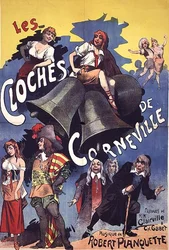 A „Les Cloches de Corneville” című operettet Clairville és Gabet szavaival és Robert Planchette 1877-es zenéjével reklámozó plakát (színes litó)