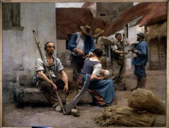 Paraszti aratómunkások bérfizetése egy gazdasági udvaron, egyikük kaszát tart. Léon Augustin Lhermitte (1844-1925) festménye, 1882. Nap. 2,15 x 2,72 m. Párizs, Musée d