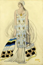 Ida Rubinstein jelmezterve Jean Racine Phaedra (Phedre) című drámájában - Bakst, Leon (1866-1924) - 1923 - Gouache és tinta papíron - 48x32 - Magángyűjtemény