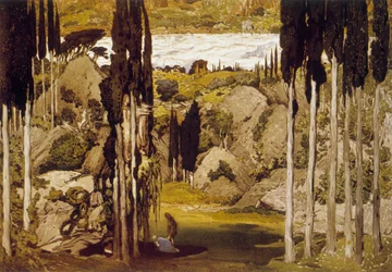 Léon Bakst orosz festő és dekoratőr dekorációja eredeti akvarell alapján Maurice Ravel „Daphnis et Chloé” című balettjéhez.