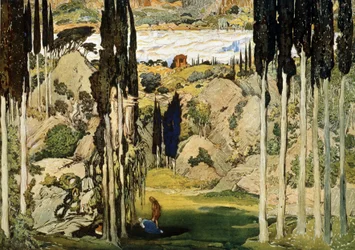 Maurice Ravel (1875-1937) Daphnis és Chloe című balettjének színpadképe. Leon Bakst (1866-1924) festménye. Akvarell és gouache, papír, 74 x 103,5 cm.