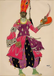 Eunuque "Eunuch" jelmez Nicolas (Nikolaj) Rimski Korszakov (Rimszki-Korszakov) Seherezade (Scheharazade) című balettjéhez, 1922 (akvarell). Jelmez a Seherezade (Scheharazade) de Nicolas (Nikolaj) Rimski Korszakov (Rimszki-Korszakov) (1844-1908) című balett