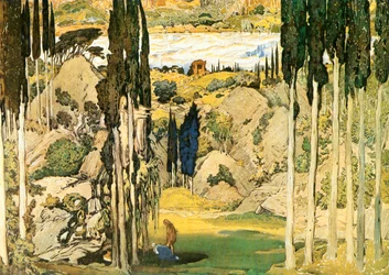 Vázlat Maurice Ravel Daphnis és Chloe című balettjének első felvonásához készült díszlethez.
