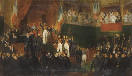LOUIS-PHILIPPE (1773-1850) esküt tesz AZ 1830-AS KARTA FENNTARTÁSÁRA A KAMARA JELENLÉTÉBEN, 1830. AUGUSZTUS 9-én LeON-JEAN-BASILLE PERRAULT festménye ÉS STUDIOJA - I. Louis-wornPhilippe király előtt. Képviselőház, 1830. augusztus 9. pa