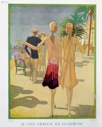 Divatos emberek sétálnak a Cannes-i Croisette sétányon, illusztráció a „Femina” Magazinból, 1927 karácsonya (színes litó)