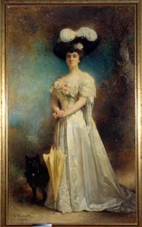 Madame Maurice Pascal és kutyájának egészalakos portréja. Apró festmény, Leon Joseph Bonnat (1833-1922) 1905 V. 2,17x0,9 m Pau, képzőművészeti múzeum - Madame Maurice Pascal és kutyájának, Tinynek teljes alakos portréja. Leon Joseph Bonnat festménye (1833-