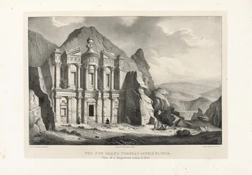 Kilátás az El Deir nevű nagy sírra, Petra, 1830