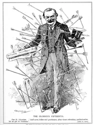 Lloyd George, akit Szent Sebestyén vértanúként ábrázoltak, a nemzeti biztosítási törvénye miatt támadták meg, amely 1912. július 15-én lépett hatályba. Az 1911. évi biztosítási törvény