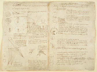 Arundel 263 f.107v f.104 Megjegyzések és diagramok a mechanikáról, a „Codex Arundel”, c.1506-8 (toll és tinta papíron)