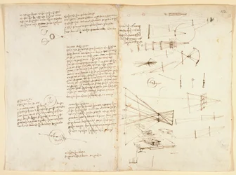 Arundel 263 f.115v, f.112 Jegyzetek, vázlatok és diagram a szem tulajdonságairól, c.1490 (toll és tinta papíron)