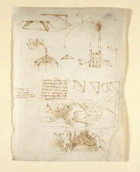 Arundel 263, f.224 Jegyzetek és diagramok; vázlatok hegyekről és egy barlangról, a Codex Arundelből (toll és tinta papíron)