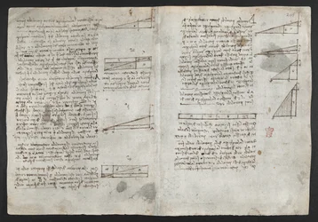 Arundel 263, f.246v Rajzok a mechanikai erőkről, az ütőhangszerekről, a gravitációról, a mozgásról, az optikáról és a csillagászatról, különféle számtani és geometriai kijelentésekkel, illusztráció Leonardo „Figyeletek könyvéből” (tinta papíron)