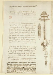 Arundel 263, f.24v Jegyzetek és vázlatok, amelyek Leonardo tanulmányát illusztrálják egy búvár légzőkészülékéről (1508), a Codex Arundel-ből (toll és tinta papíron)