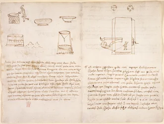 Arundel 263, f.259v, f.260 Feljegyzések és nyers vázlatok a salétrom előállítási folyamatáról a puskapor előállításához (nem Leonardo kezében) (toll és tinta papíron)