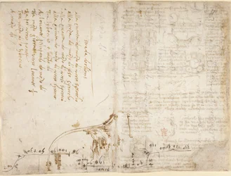 Arundel 263, f.263v, f.270 Feljegyzés és vázlat, amely leírja az „Orléansba vezető út” útvonalát Romorantin városából (Francesco Melzi) (oldalról), a „Codex Arundel”-ből (toll és tinta papíron )