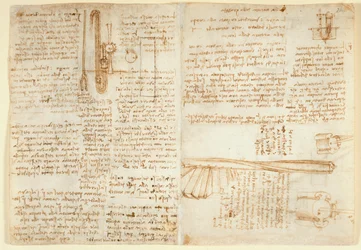 Arundel 263 f.269v, f.264 Jegyzetek és vázlatok egy hidraulikus eszközön, a Codex Arundel-től (toll és tinta papíron)