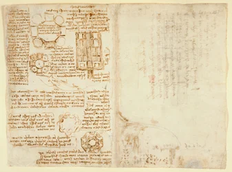 Arundel 263 f.270v, f.263, Leonardo Da Vinici rajzai a mechanikai erőkről, az ütőhangszerekről, a gravitációról, a mozgásról, az optikáról és a csillagászatról, különféle számtani és geometriai javaslatokkal (toll és tinta papíron)