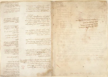 Arundel 263, f.37v, f.38r Megjegyzések a mechanikához, a „Codex Arundel”, c.1495-7 (toll és tinta papíron)