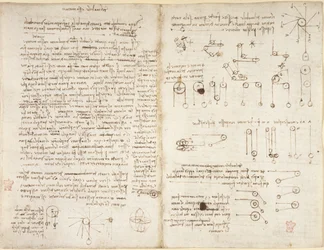 Arundel 263, f.43v, f.42, Megjegyzések és diagramok a mechanikáról, „Del mobile essu motore” címmel a „Codex Arundel”-ből (toll és tinta papíron)