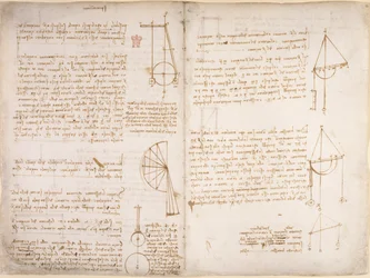 Arundel 263, f.67v, f.66 Megjegyzések és diagramok a mechanikáról, a „Codex Arundel”, c.1503-5 (toll és tinta papíron)