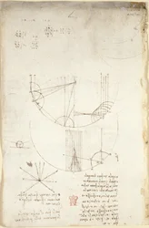 Arundel 263, f.85v Ábrák az optikáról, a reflexiós kausztikával kapcsolatban; jegyzet és vázlat a mechanikáról, az ütőhangszerek erejével kapcsolatban, valamint az „ogni attione facta dalla natura è facta nel più brieve modo” arisztotelészi elvre való hiva