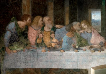 A La Cene (Il Cenacolo (Ultima Cena)) részlete, amely balról jobbra Szent Barthelemy apostolt, Jakabot, Alphee fiát, Andreát, Júdást, Pétert és Jánost ábrázolja. 1495 - 1498. Leonardo da Vinci (Leonardo da Vinci) freskója. Santa Maria delle gra refektórium