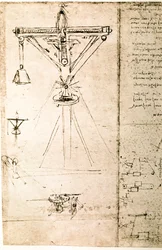 Kivonat egy Da Vinci-kéziratból, amely a "daru" elvét és felépítését írja le (kézirat).