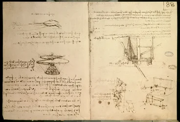 Repülőgépek, egy helikopterszerű repülőgép egyik első rajza, kb. 1487