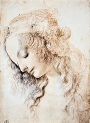 Leonardo da Vinci (1452-1519): Lehajtott fejű, csukott szemű lány portréja, haját ékszerekkel díszített szalag ékesíti (Immagina)