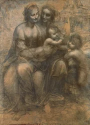 Szűz és gyermek Szent Annával és Keresztelő Szent János csecsemő, 1499-1500 körül (papíron fehér krétával magasított szén, vászonra rögzítve)