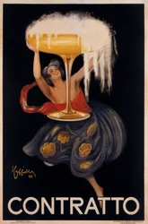 "Contratto" pezsgő reklámplakátja: egy kis tündér, egy hatalmas poharat emelő manó. Illusztráció: Leonetto Cappiello (1875-1942) 1922