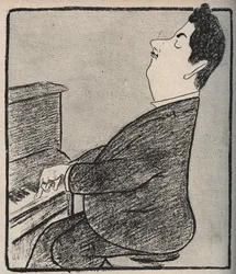 Giacomo Puccini (1858-1924) olasz zeneszerző portréja. Leonetto Cappiello rajzfilmje – 1898