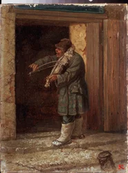 Egy zenész. (Egy vidéki épület bejárata előtt egy koldushegedűs játszik). Leonyid Ivanovics Solomatkin (1837-1883) festménye