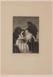Két nő, mögöttük két férfi az árnyékban; Les majas au balcon (a tárgyon lévő cím)