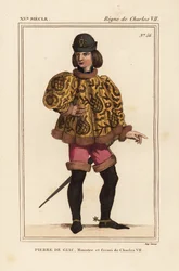 Pierre de Giac, Chamberlain to King Charles VII from 1377-1426. Executed by drowning at Dun-Le-Roi. He wears a short cassock with mahoitres sleeves, pink pantalons and boots with spurs. Handcoloured lithograph after a miniature in a manuscript Histoire du 